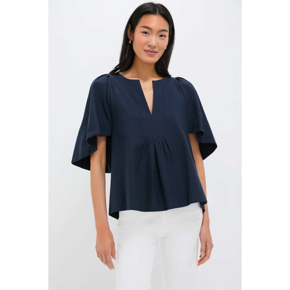 Tuckernuck Pomander Place Finley Flutter Sleeve Top Pleated Tunic Navy XXXL